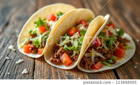 Authentic Homestyle Mexican Street Tacos with Fresh Toppings on Rustic Wooden Surface A Culinary Journey Through Traditional Tex-Mex Comfort Food 123698405