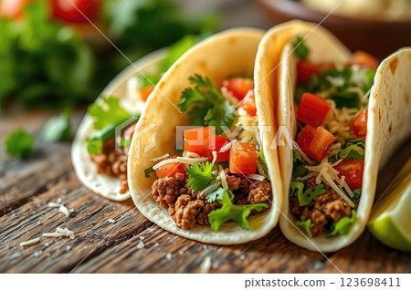 Authentic Homestyle Mexican Street Tacos with Fresh Toppings on Rustic Wooden Surface A Culinary Journey Through Traditional Tex-Mex Comfort Food Authentic Homestyle Mexican Street Tacos with Fresh Toppings on Rustic Wooden Surface A Culinary Journey Through Traditional Tex-Mex Comfort Food 123698411