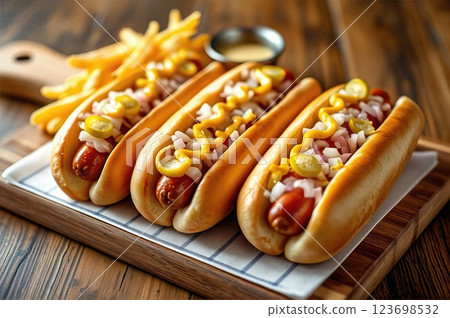 Gourmet Stadium-Style Hot Dogs with Classic Toppings and Hand-Cut Fries on Artisanal Wooden Board A Contemporary Take on American Street Food Gourmet Stadium-Style Hot Dogs with Classic Toppings and Hand-Cut Fries on Artisanal Wooden Board A Contemporary Take on American Street Food 123698532