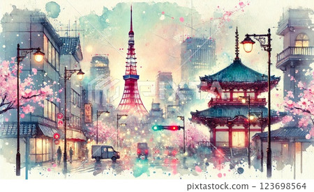 春天的水彩東京鐵塔 123698564