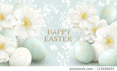 Easter eggs and daisies on light blue festive background 123698693
