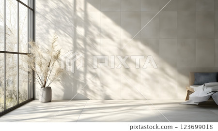 minimalist beige room interior design with natural light 123699018