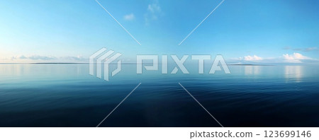 Panoramic aerial view of calm large deep ocean and blue sky on summer day.Wide view.AI Generative. 123699146