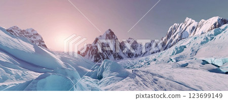 Panoramic aerial view of mountain peak with snow on very cold winter day.Wide view.AI Generative. 123699149
