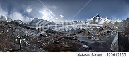 Panoramic aerial view of mountain peak with snow on very cold winter day.Wide view.AI Generative. 123699155