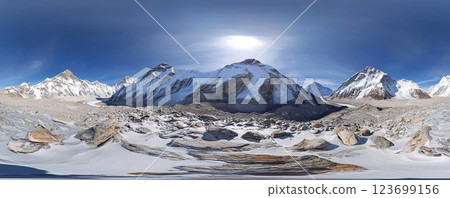 Panoramic aerial view of mountain peak with snow on very cold winter day.Wide view.AI Generative. 123699156