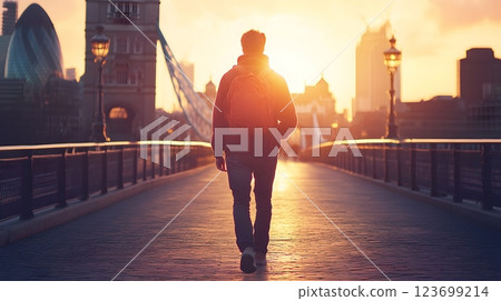 man walking away at sunset on london bridge 123699214