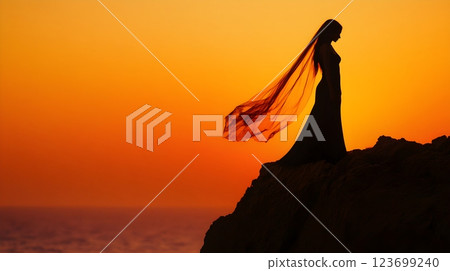 silhouette of woman in veil at sunset 123699240