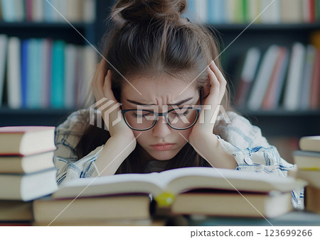 Young female student stressed and tired while preparing for exam and doing homework.AI generative. 123699266