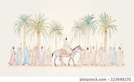 Biblical scene with disciples walking and palm trees in watercolor style 123699270