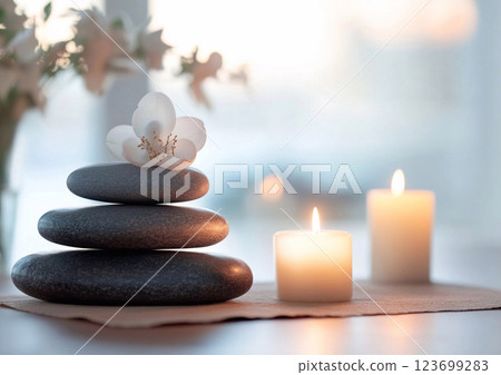 Still life concept advertising banner of luxury wellness exotic tropical spa resort.AI Generative. 123699283