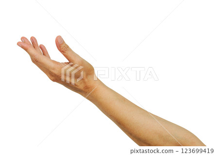 Beautiful Asian woman arm and hand human body isolated on white background. 123699419
