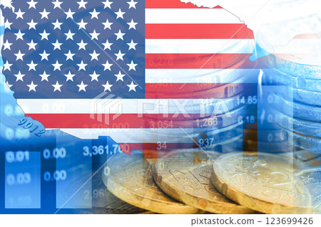 US America flag and map on stock investment trading with coin and graph. 123699426