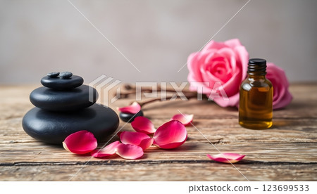 spa relaxation rose essential oil and zen stones 123699533