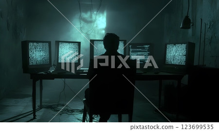 hacker working on multiple computers in dark room 123699535