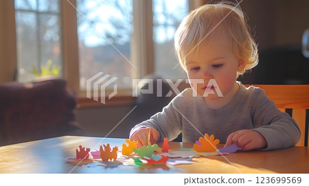 toddler playing with colorful craft shapes 123699569