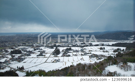 Aerial view of Uozu City, Toyama Prefecture, Japan, including the city and Toyama Bay 123699616