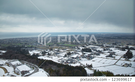 Aerial view of Uozu City, Toyama Prefecture, Japan, including the city and Toyama Bay 123699617