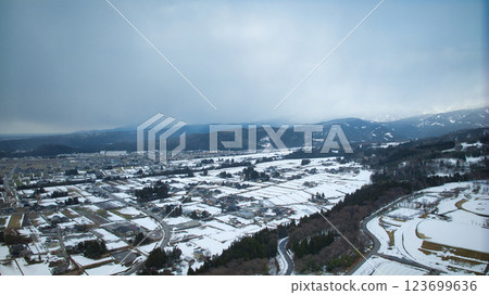 Aerial view of Uozu City, Toyama Prefecture, Japan, including the city and Toyama Bay 123699636