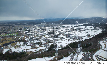Aerial view of Uozu City, Toyama Prefecture, Japan, including the city and Toyama Bay 123699637