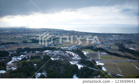 Aerial view of Uozu City, Toyama Prefecture, Japan, including the city and Toyama Bay 123699641