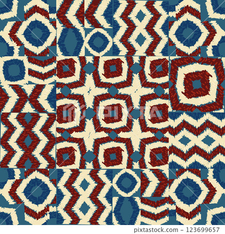 Vibrant geometric seamless pattern design showcases dark blue and red shapes beautifully arranged against a cream backdrop. Ethnic hand made background 123699657