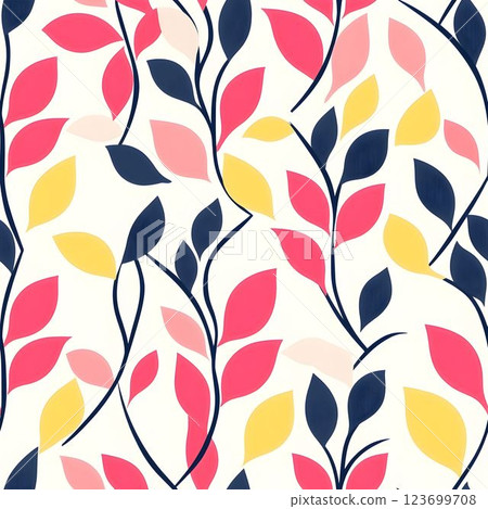Vibrant botanical pattern displaying stylized leaves and branches in pink, yellow, and blue hues, generating playful visual rhythm on soft background 123699708