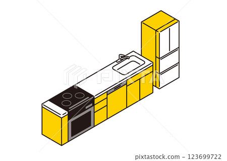 Simple isometric illustration of a kitchen with a refrigerator and a built-in kitchen 123699722