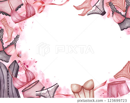 Lingerie undies and lace panties. Frame rectangular. Pink watercolor spot along the perimeter. Hand drawn illustration isolated from the background. Perfect for banner, brochure, logo, business card Lingerie undies and lace panties. Frame rectangular. Pink watercolor spot along the perimeter. Hand drawn illustration isolated from the background. Perfect for banner, brochure, logo, business card 123699723