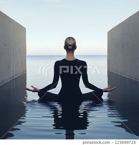 Serene female practicing lotus meditation on water surface, suspended between concrete walls, finding inner peace with ocean backdrop and minimalist urban surroundings Serene female practicing lotus meditation on water surface, suspended between concrete walls, finding inner peace with ocean backdrop and minimalist urban surroundings 123699728