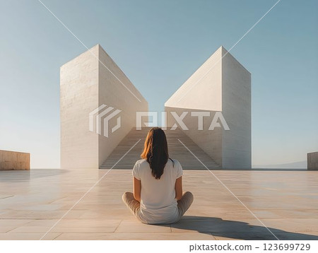 Serene female yogi sitting in lotus pose, meditating near clean white architectural structure, basking in warm sunlight while connecting with inner calm Serene female yogi sitting in lotus pose, meditating near clean white architectural structure, basking in warm sunlight while connecting with inner calm 123699729