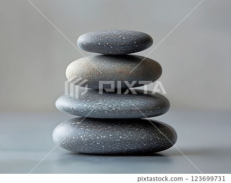Balanced grey zen stones stacked vertically, symbolizing tranquility, mindfulness, and harmonious equilibrium in minimalist zen composition 123699731