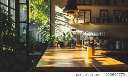 sunlit coffee shop interior with lush greenery 123699773