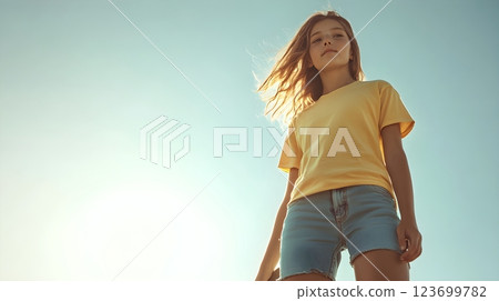 girl in yellow shirt and denim shorts under blue sky 123699782
