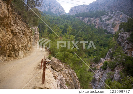 Mountain trail through rocky canyon with forest views Mountain trail through rocky canyon with forest views 123699787