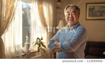 portrait of a smiling senior asian man at home portrait of a smiling senior asian man at home 123699908