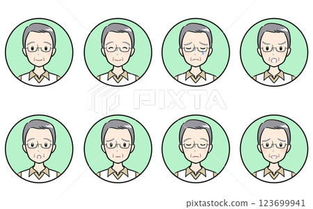 Icon set of emotions and expressions of senior and elderly men, green Icon set of emotions and expressions of senior and elderly men, green 123699941