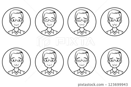 老年人和老年男性的情緒和各種面部表情的圖標集線畫 123699943