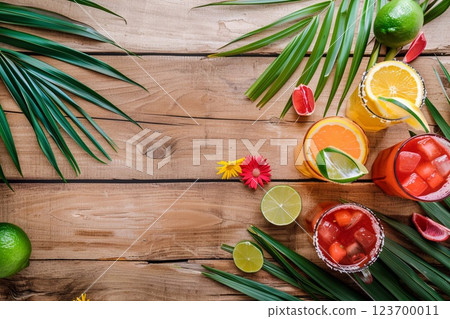 Mexican fiesta cocktails with ice cubes and lemon on wooden table with palms leaves.AI Generative. 123700011