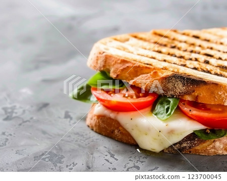 Panini grilled hot sandwich with mozzarella cheese and tomato with basil on kitchen.AI Generative. 123700045