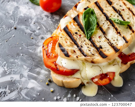 Panini grilled hot sandwich with mozzarella cheese and tomato with basil on kitchen.AI Generative. 123700047