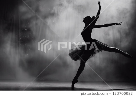 Ballerina silhouette dancing ballet on stage in theatre with smoke and lights.Macro.AI Generative. 123700082