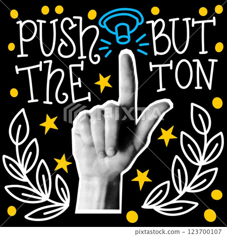 Post card. Vintage speaker. Hand pushing button. Halftone newsprint arm. Pointing finger. Press doorbell. Stars and leaves. Newspaper graphic. Line lettering font. Tap and click. Vector collage banner Post card. Vintage speaker. Hand pushing button. Halftone newsprint arm. Pointing finger. Press doorbell. Stars and leaves. Newspaper graphic. Line lettering font. Tap and click. Vector collage banner 123700107