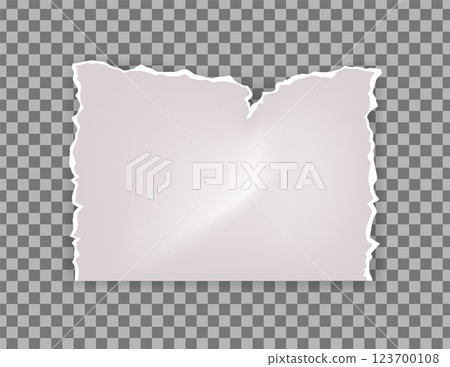 Torn paper. Empty white note, notebook page fragment, memo sheet. Abstract realistic element with grunge edge. Ripped banner, message label. Vector illustration isolated on transparent background Torn paper. Empty white note, notebook page fragment, memo sheet. Abstract realistic element with grunge edge. Ripped banner, message label. Vector illustration isolated on transparent background 123700108