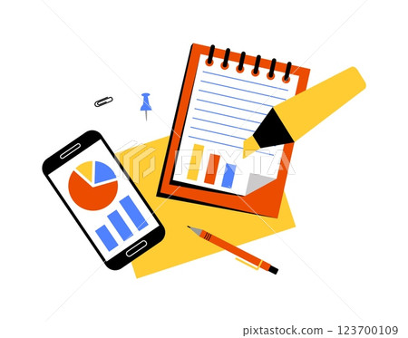 Office workplace. Businessman laptop. Smartphone screen with project diagrams. Notepad sheet. Paper pages at clipboard. Work table top view. Document infographic. Highlighter marker. Vector stationery Office workplace. Businessman laptop. Smartphone screen with project diagrams. Notepad sheet. Paper pages at clipboard. Work table top view. Document infographic. Highlighter marker. Vector stationery 123700109