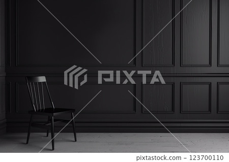 Living room in dark black tones with chair and classic black wall.Macro.AI Generative. 123700110