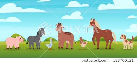 Farm animals. Cartoon agriculture mammals row. Cute cow and pig. Domestic goose. Grazing horse. Shepherd dog. Donkey at meadow. Countryside panorama. Summer village farmland. Vector farming landscape Farm animals. Cartoon agriculture mammals row. Cute cow and pig. Domestic goose. Grazing horse. Shepherd dog. Donkey at meadow. Countryside panorama. Summer village farmland. Vector farming landscape 123700121