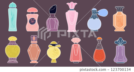Perfume bottle with sprayer. Line drawn, colorful elegant fragrance for women cosmetics. Beauty accessories. Colorful aroma liquid, body care. Phials spray. Vector cartoon flat isolated illustration 123700134