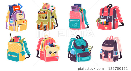School backpack bag. Children s colorful schoolbag for education. Study accessories, textbooks and pens, childish travel baggage. Kids rucksack in textile modern design. Vector isolated illustration 123700151