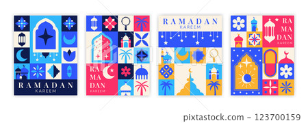 Ramadan card. Eid Islam pattern. Arab Mubarak background. Bauhaus geometric shapes. Muslim graphic poster. Oriental lantern. Ramadan Kareem art. Modern squares mosaic. Vector garish banners design set Ramadan card. Eid Islam pattern. Arab Mubarak background. Bauhaus geometric shapes. Muslim graphic poster. Oriental lantern. Ramadan Kareem art. Modern squares mosaic. Vector garish banners design set 123700159